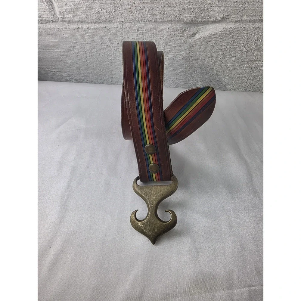 DUNCAN LAURIE Vintage Solid Brass Arrow BELT BUCKLE And Leather Belt 1971 Rainbo